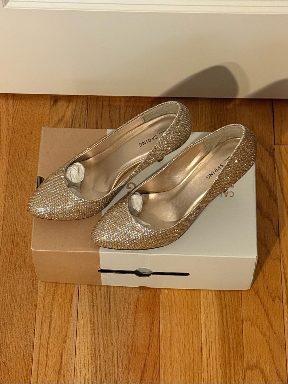 NEVER WORN: Call It Spring Glittery Rose Gold/Gold Rounded-Toe Heels